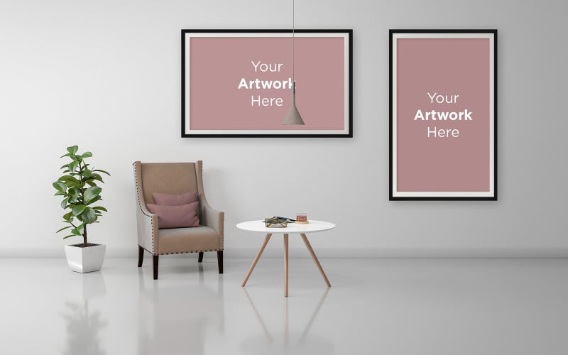 Interior modern living room with chair, table and frames mockup product mockup Product Mockup