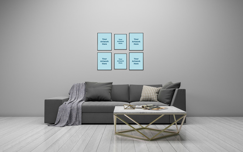 Interior modern living room with sofa and collage of frames mockup product mockup Product Mockup