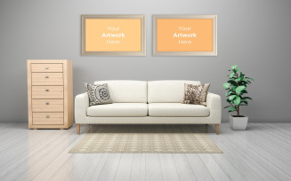 Interior of modern living room sofa with drawers and empty photo frame mockup design product mockup