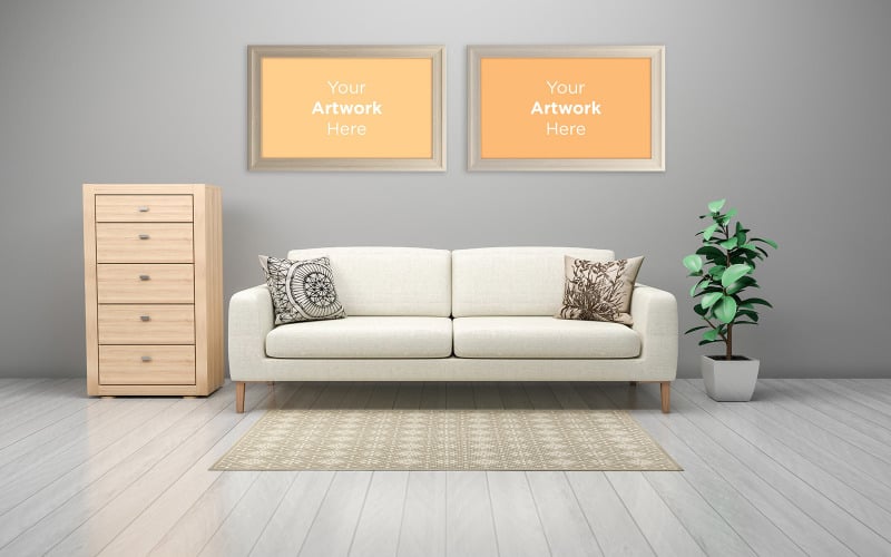 Interior of modern living room sofa with drawers and empty photo frame mockup design product mockup Product Mockup