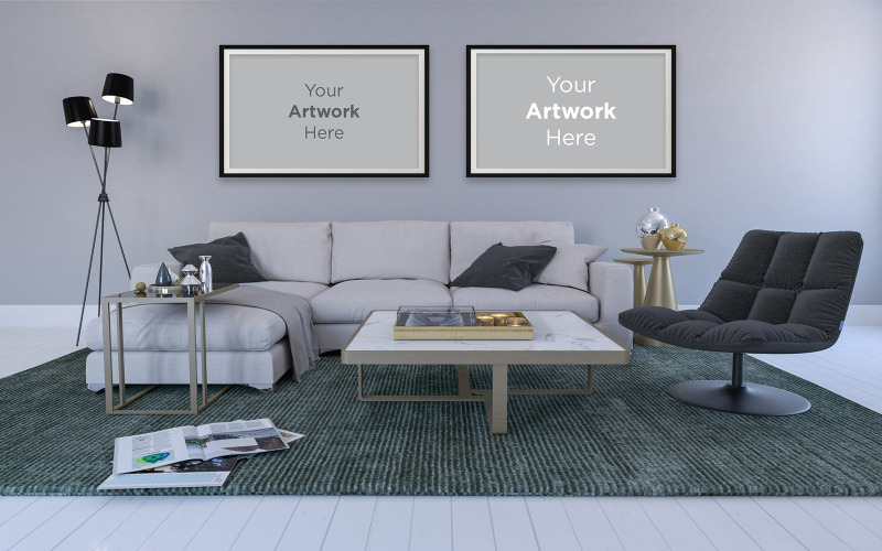 Interior of modern living room with sofa lamps empty photo frame mockup design product mockup Product Mockup
