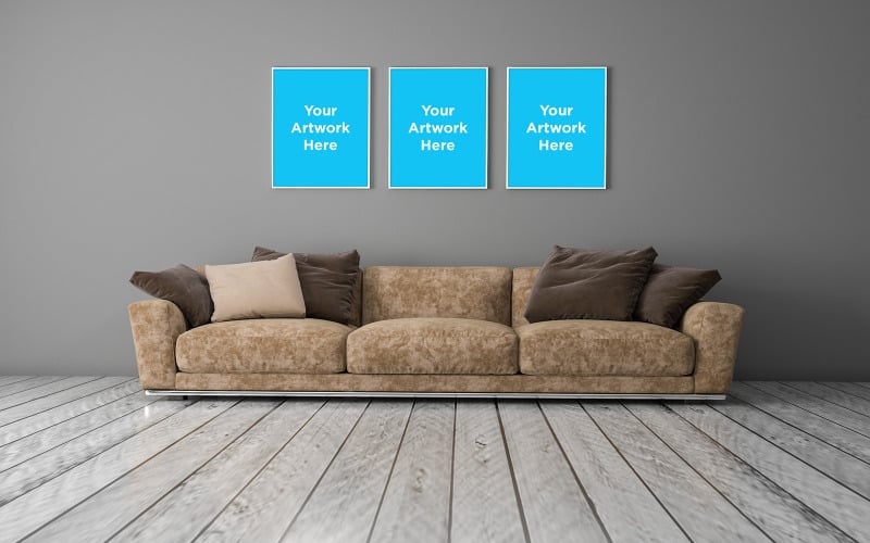 Light brown sofa with three poster frame mockup in modern interior living room product mockup Product Mockup