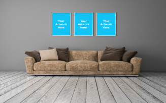Light brown sofa with three poster frame mockup in modern interior living room product mockup
