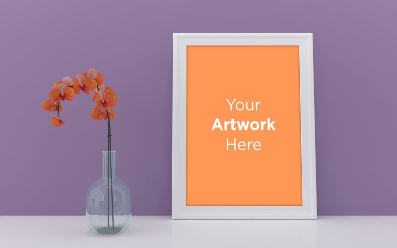 Mockup with a white frame and orange flowers in a vase product mockup Product Mockup