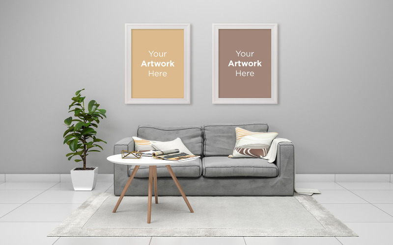 Modern Living room interior gray sofa with photo frame mockup design product mockup Product Mockup