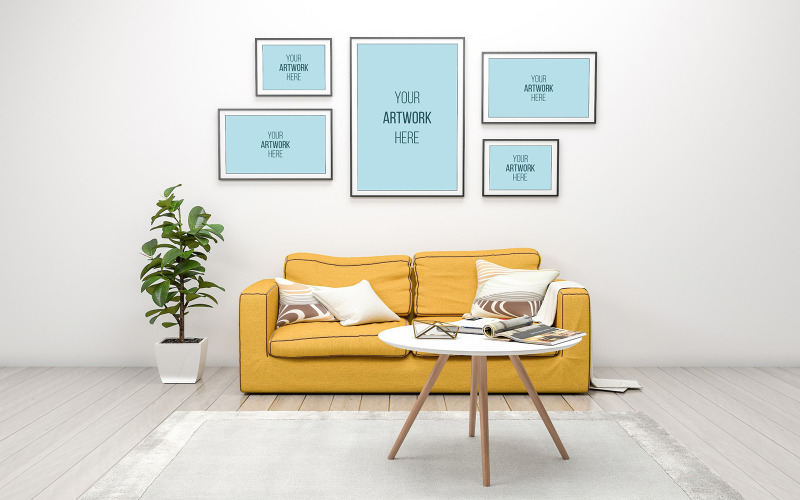 Photo frames Collage mockup of 3d rendered of interior modern living room product mockup Product Mockup
