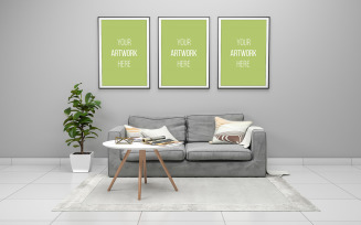 Realistic Gray sofa with frames mockup of 3d rendered of interior modern living room product mockup
