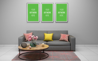 Realistic photo frame mockup of 3d rendered of interior modern living room product mockup