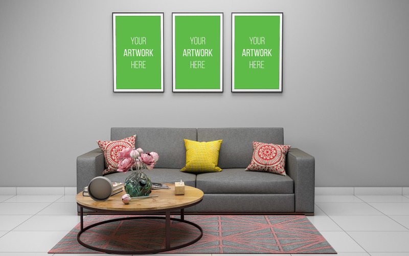 Realistic photo frame mockup of 3d rendered of interior modern living room product mockup Product Mockup