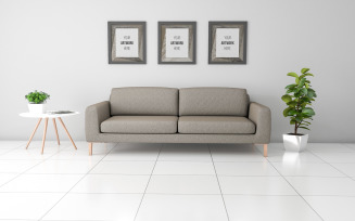 Three blank photo frames mockup in living room modern sofa and decoration product mockup
