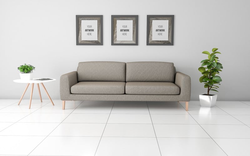 Three blank photo frames mockup in living room modern sofa and decoration product mockup Product Mockup