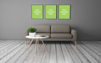 Three blank photo frames mockup in modern living room product mockup