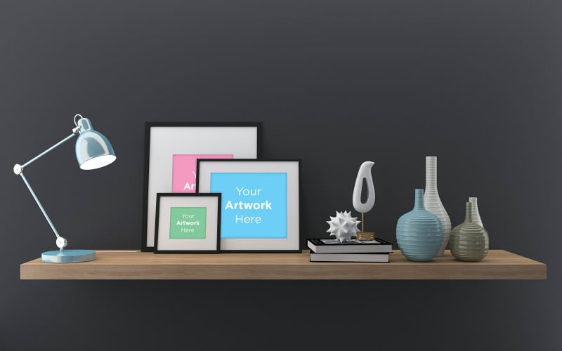 Three empty photo frame mockup with vases and lamp decoration product mockup Product Mockup