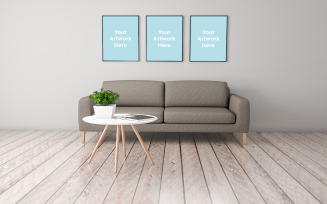 Three empty photo frames sofa with table in interior living room product mockup