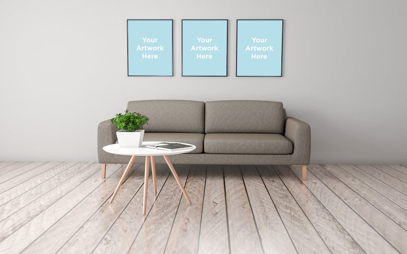 Three empty photo frames sofa with table in interior living room product mockup Product Mockup