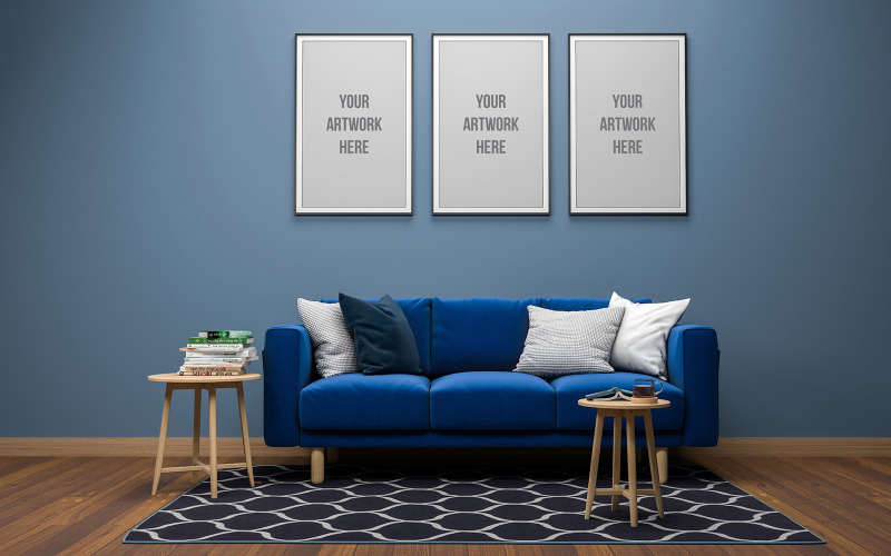 Three empty photo frames with blue sofa in interior living room product mockup Product Mockup