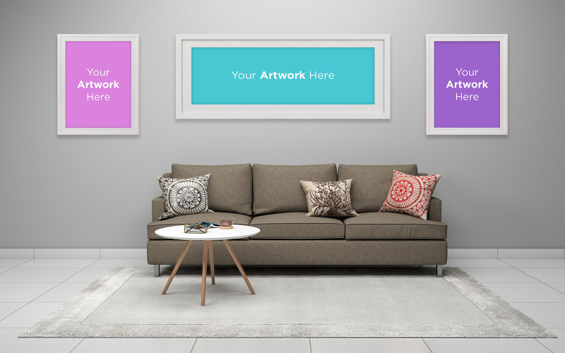 Three frame mockup on wall behind sofa in living room product mockup Product Mockup
