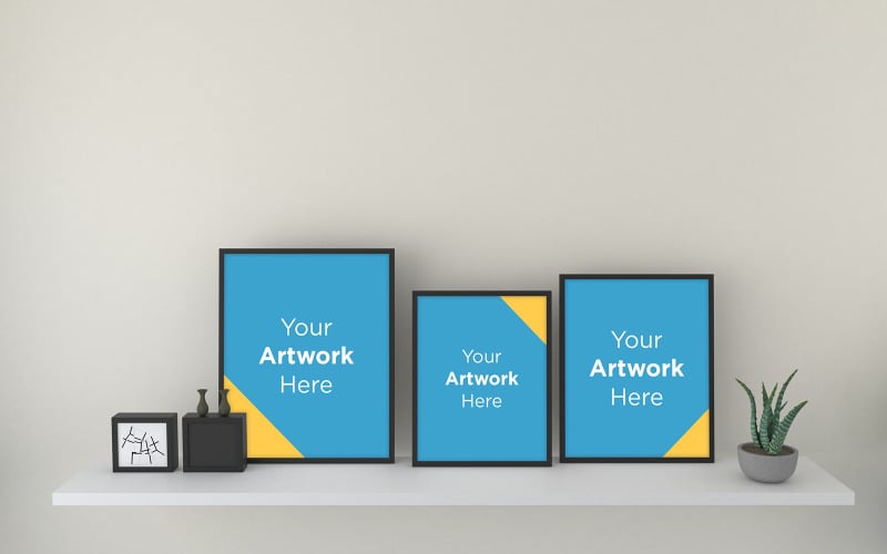 Three frame mockup with decoration on the table product mockup Product Mockup