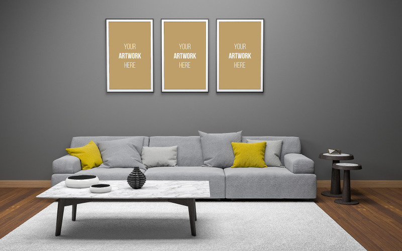 Three vertical frames in living room interior gray sofa product mockup Product Mockup