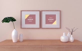 Two empty photo frame mockup with wooden cabinet and vases product mockup