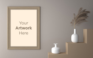 Vertical blank photo frame mockup with white ceramic vases product mockup