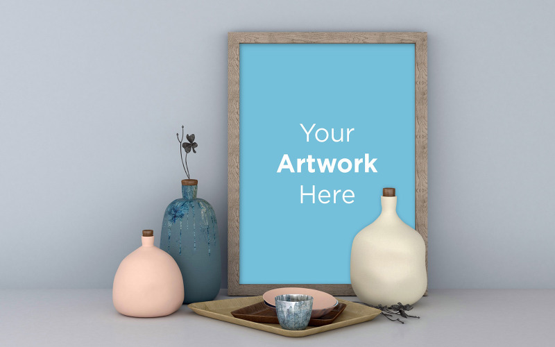 Vertical empty photo frame laying on floor with vases product mockup Product Mockup