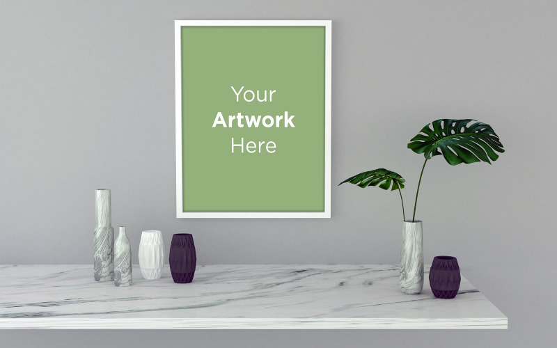 White empty photo frame with green plant in vase product mockup Product Mockup