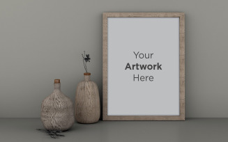 Wooden empty photo frame mockup with vases product mockup
