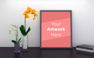 Blank frame mockup with flower and books product mockup