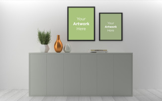 Blank photo frame mockup with vases and plant on the cabinet product mockup