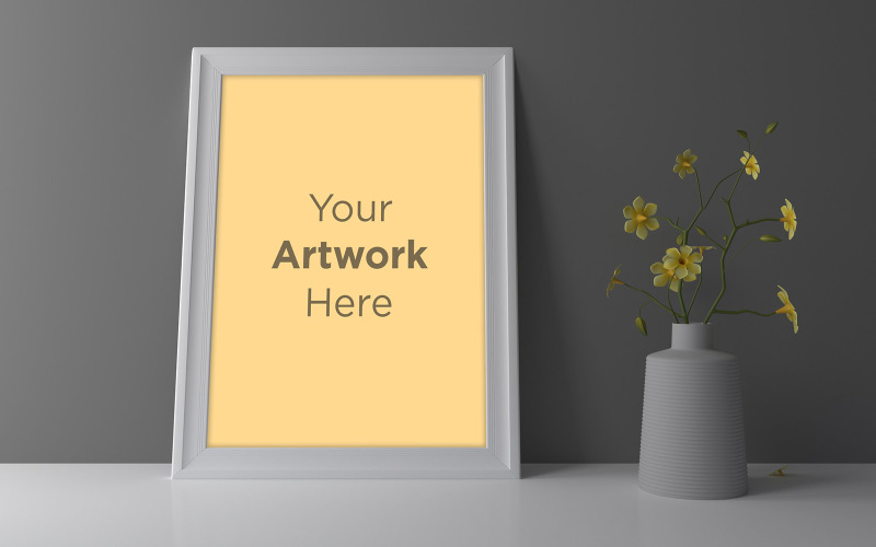 Empty photo frame mockup with yellow flower in vase product mockup Product Mockup