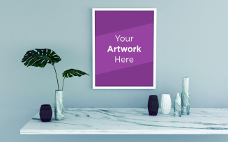 Empty Vertical frame mockup with plant in vase on the marble table product mockup