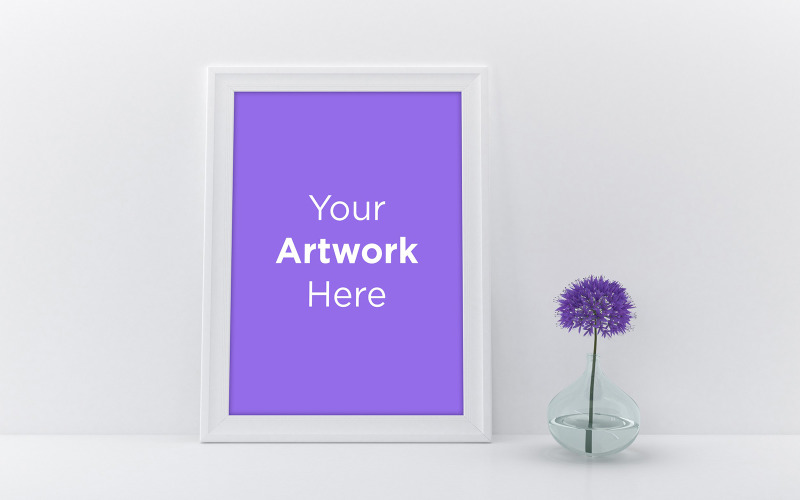 Empty white frame mockup with purple flower in clear glass vase product mockup Product Mockup