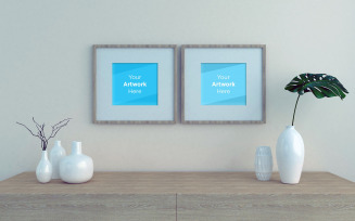 Inside arrangement of two empty frame mockup with white vases product mockup