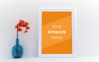 Landscape empty frame mockup with orange flower in the simple blue glass vase product mockup