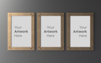 Three wooden empty photo frame mockup design product mockup