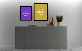 Two Blank photo frame mockup with vases and plant on cabinet product mockup