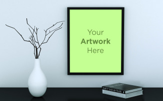 Vertical frame mockup with vase and book product mockup