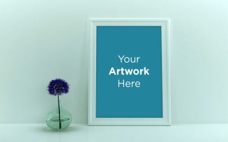 White frame mockup with purple flower in glass vase product mockup