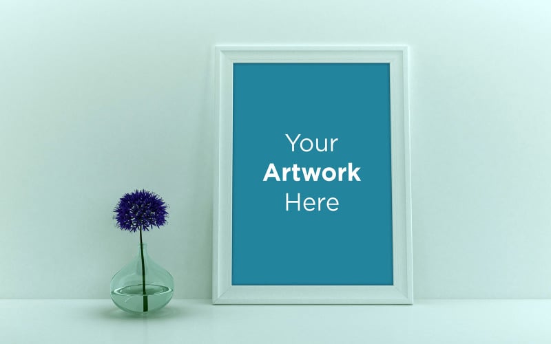 White frame mockup with purple flower in glass vase product mockup Product Mockup