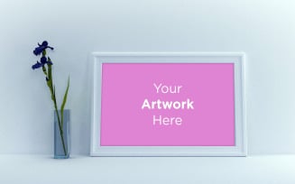 White Landscape frame mockup with flower in the simple glass vase product mockup