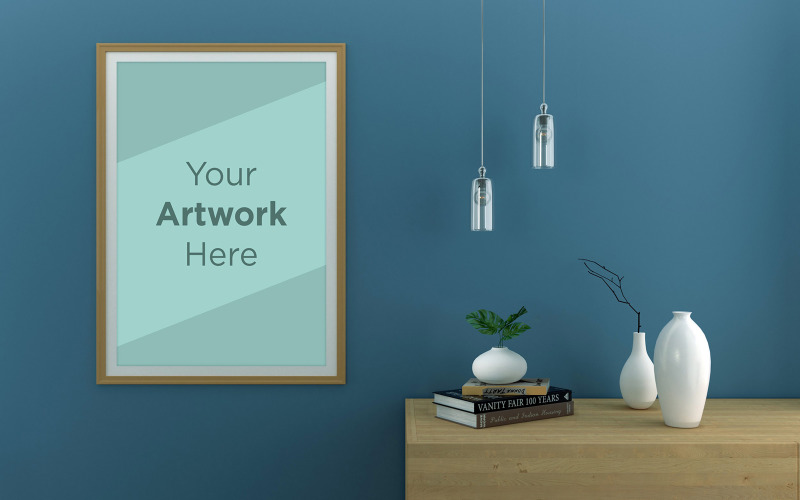 Wooden frame mockup on wall with hanging light,decoration vases and plants product mockup Product Mockup