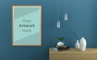 Wooden frame mockup on wall with hanging light,decoration vases and plants product mockup