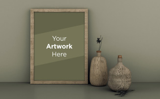 Wooden frame mockup with wooden vases on the table product mockup