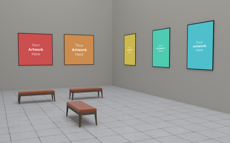 Art Gallery empty Frames interior with benchs product mockup Product Mockup