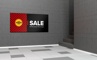 Empty horizontal billboard mock up on the wall in the underground passage stairs product mockup