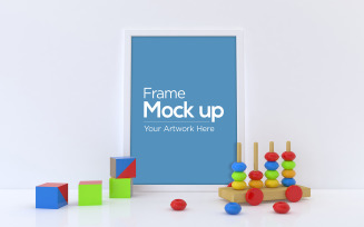 Kids photo frame mockup with cubes and stacker toys product mockup