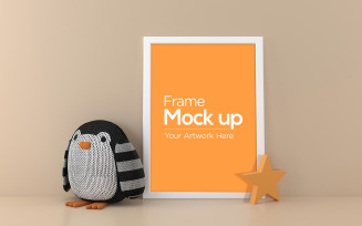 Kids photo frame with penguin stuffed mockup design product mockup