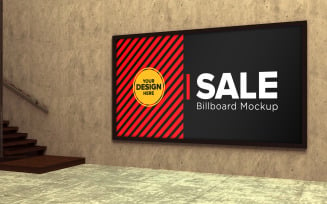 Landscape Sign board on wall mockup with stair product mockup