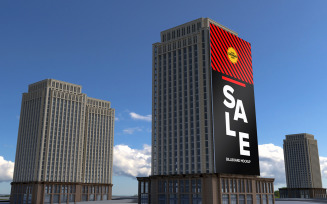 Tall billboard sign mockup on building with black friday sale banner product mockup